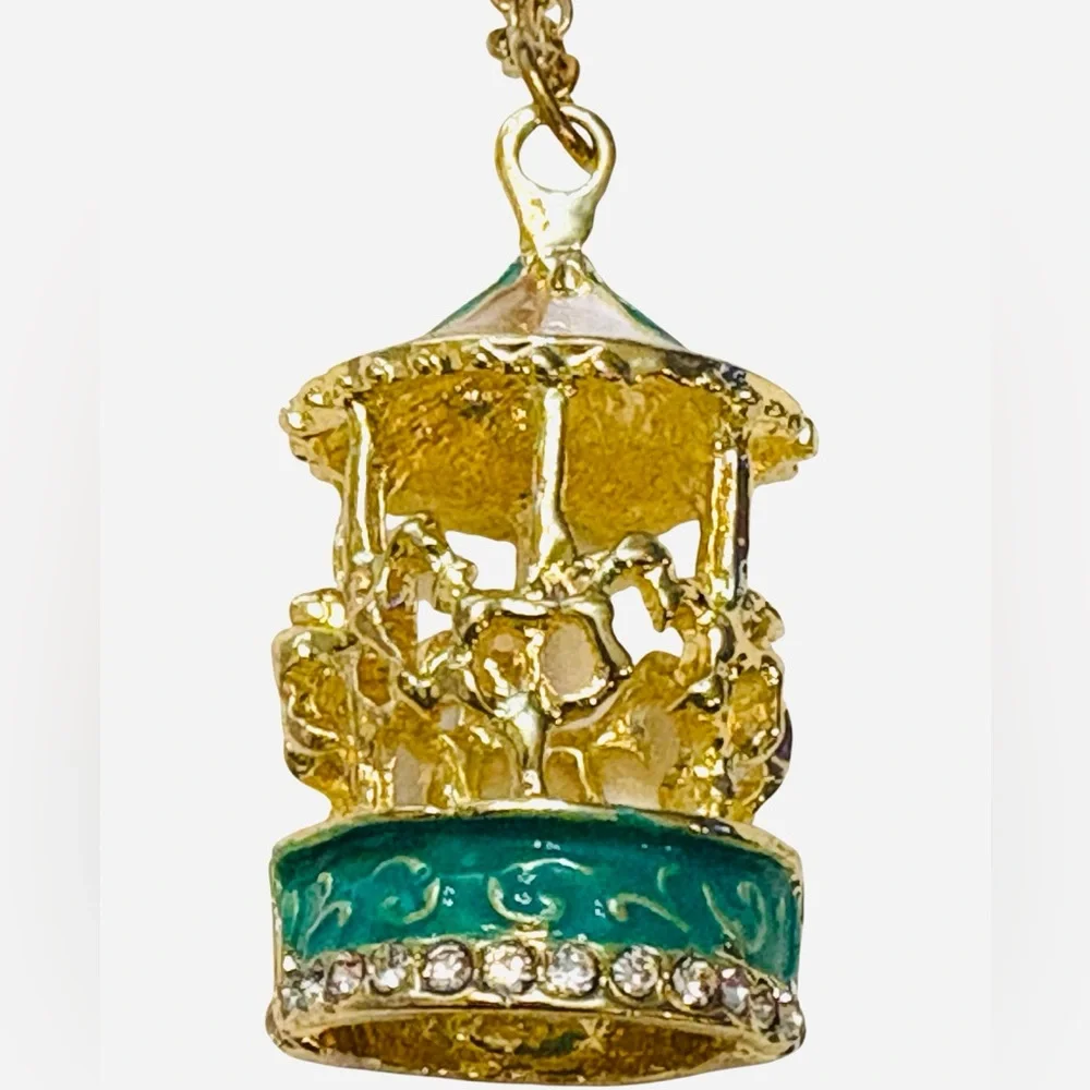 Gold and Teal Carousel Pendant Necklace